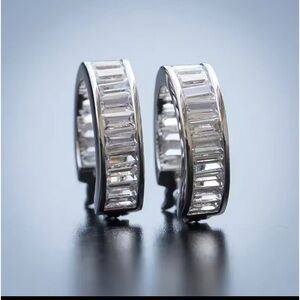 Silver Hoop Earrings with Baguette-cut Czs